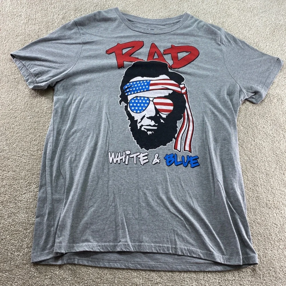 Mad Engine Shirt Mens 2XL Gray Rad White & Blue Abraham‎ Lincoln Graphic Tee